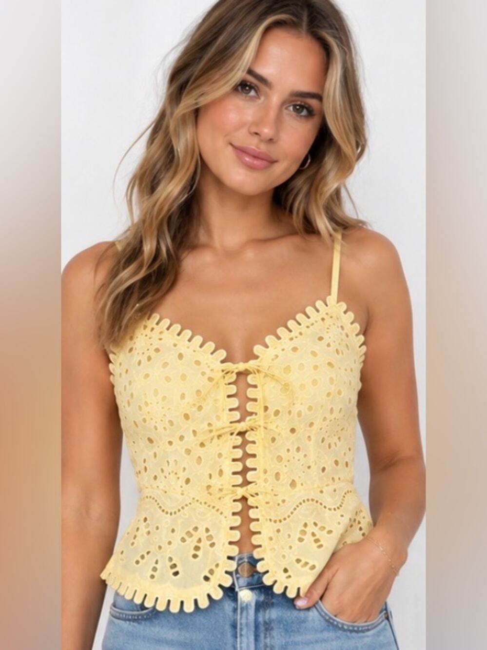Milk & Honey Luxe Butter Yellow Eyelet Lace Up Corset Peplum Top S